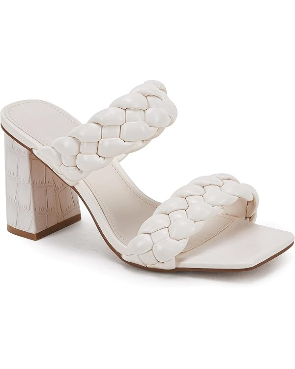 Syktkmx Women's Braided Heeled Sandals Backless Square Open Toe Block Slide Sandals | Amazon (US)