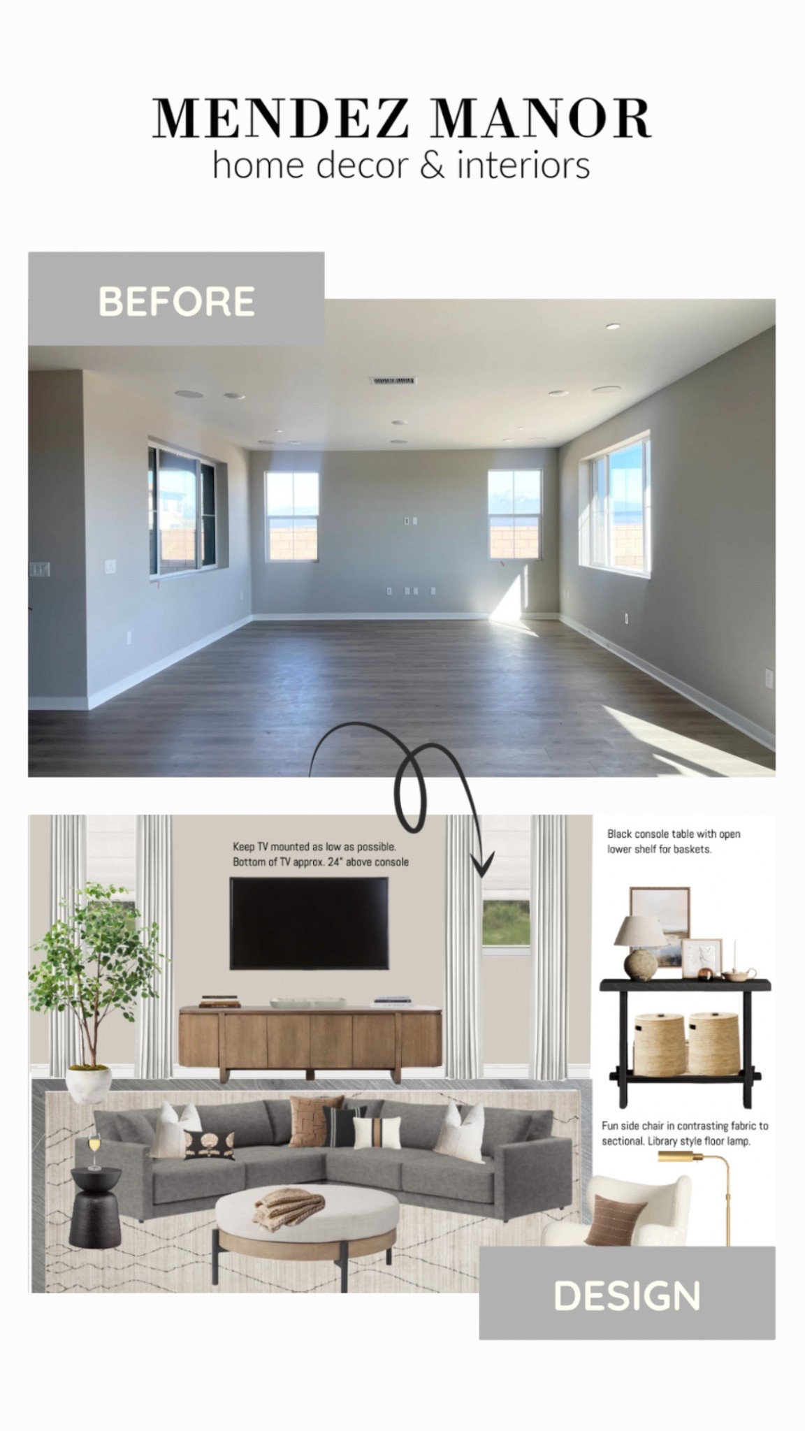 Here you can see my client’s living room before and the design we are working towards. 

The Gather Sectional from Crate & Barrel will be one of the key pieces. We are also using the Jodi Wing Chair which makes a fun statement. 

This family room includes a curtains, sectional, area rug, small console table, large media cabinet with closed storage, and 9 x 12 area rug. 

#LTKFamily #LTKStyleTip #LTKHome