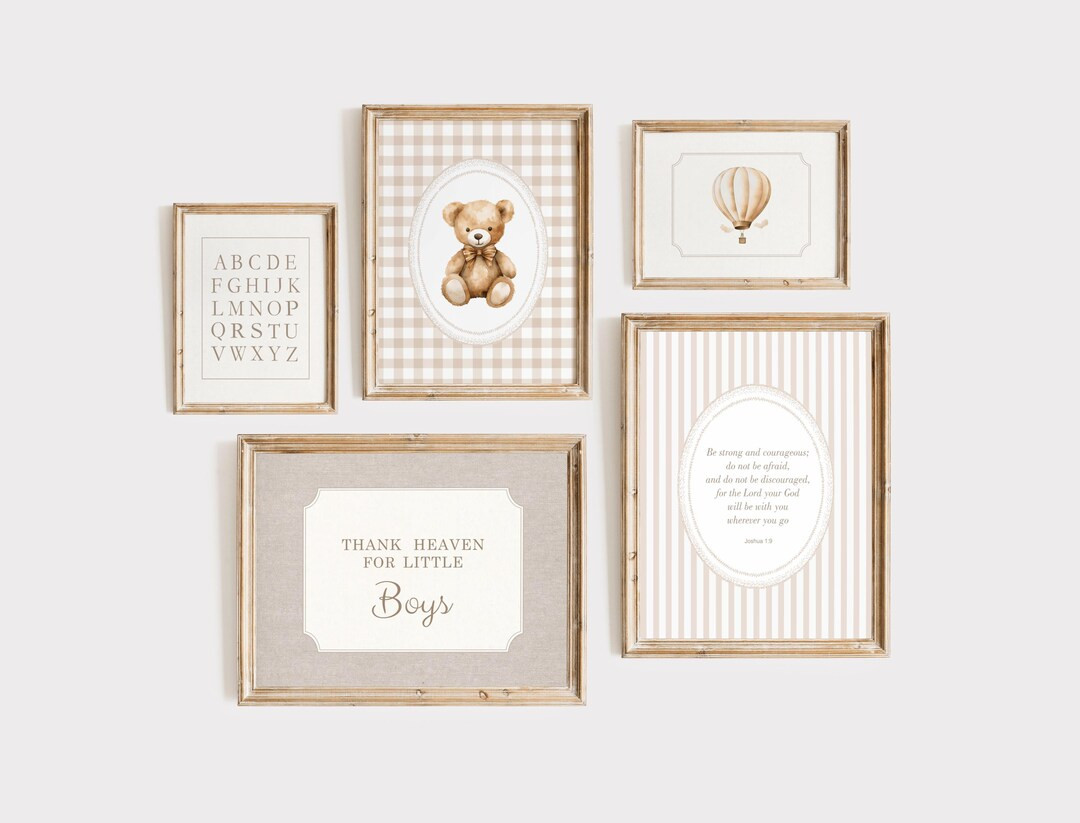 Christian Boy Nursery Wall Art Set, Neutral Gingham Nursery Decor, Joshua 1:9 Be Strong and Coura... | Etsy (US)