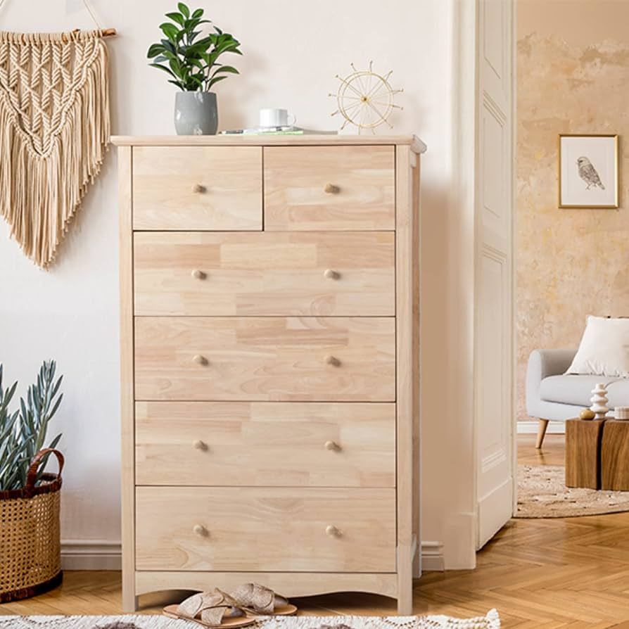 VINGLI Upgraged Unfinished 6 Drawer Dresser for Bedroom Natural Solid Wood Dresser Color DIY, Rus... | Amazon (US)