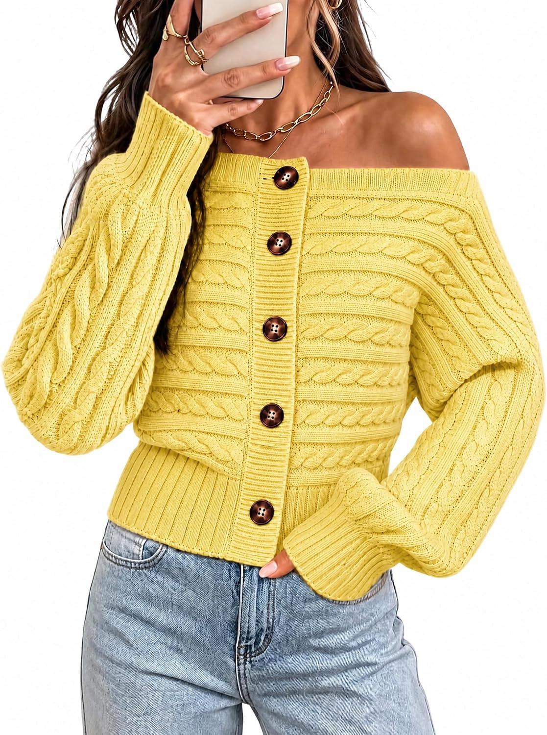 Cicy Bell Women Off The Shoulder Sweater Long Sleeve Button Knit Pullover | Amazon (US)