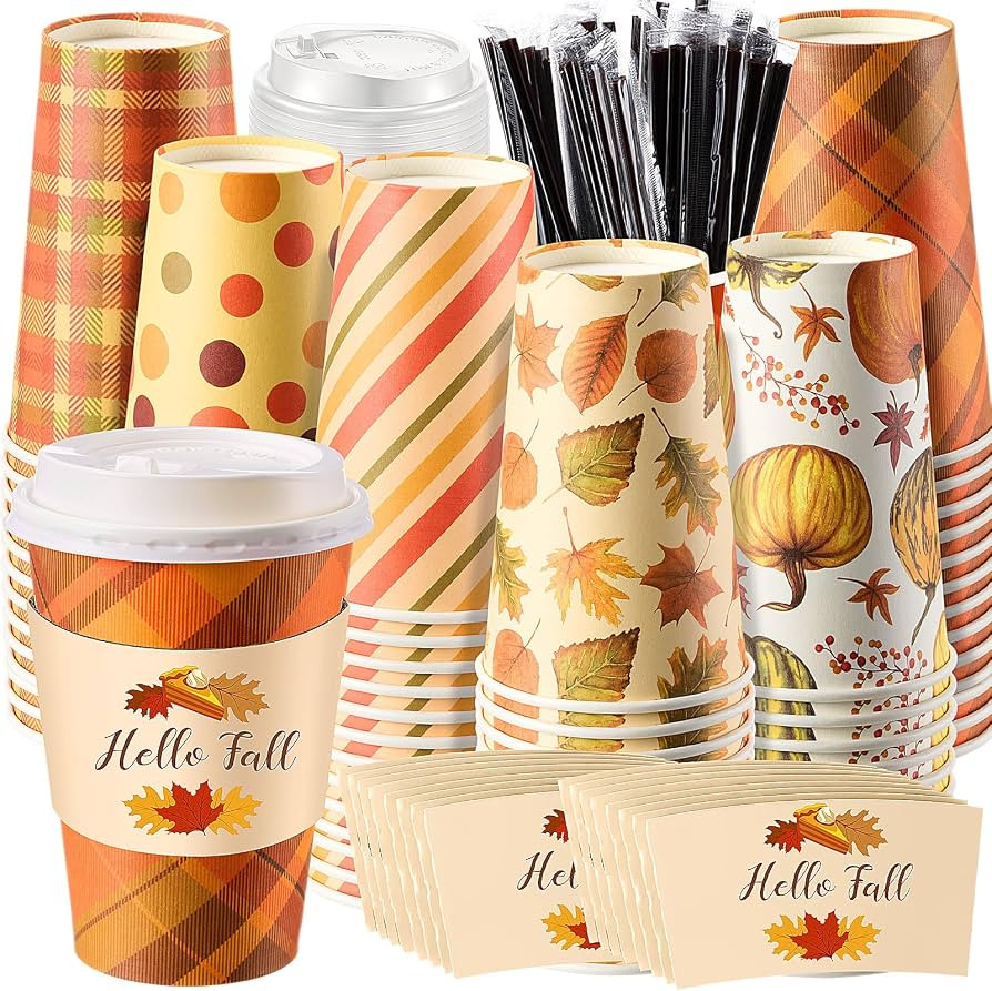 120 Sets Thanksgiving Disposable Coffee Cups with Lids and Sleeves Fall Pumpkin Maple Leave Hot C... | Amazon (US)