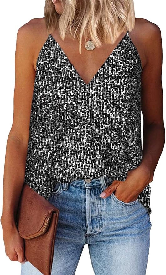 miduo Womens Tank Tops Casual Fashion V Neck Strappy Sequin Sparkle Shimmer Camisole Sleeveless T... | Amazon (US)
