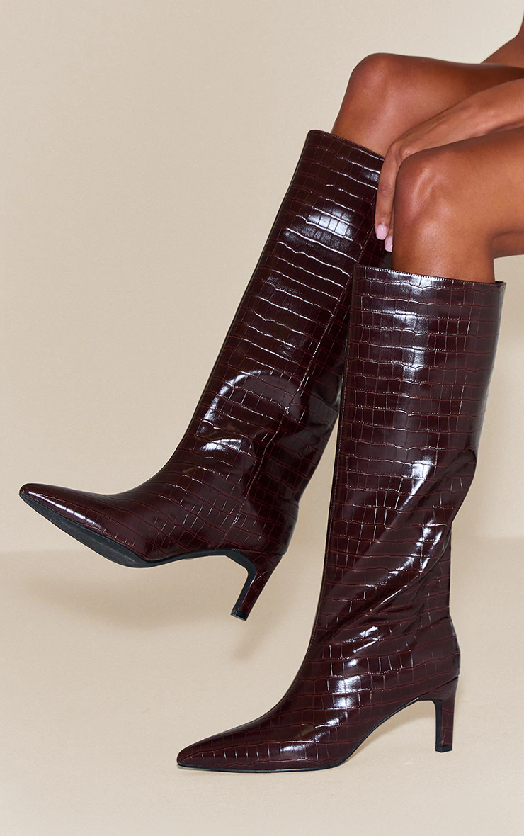 Chocolate Croc Kitten Heel Knee High Boot | PrettyLittleThing UK