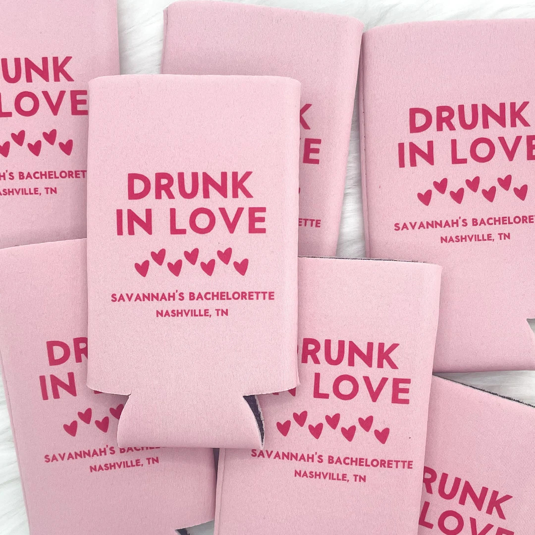 Personalized Drunk in Love Bachelorette Can Coolers Pink Hot Pink Bachelorette Favors Bachelorett... | Etsy (US)