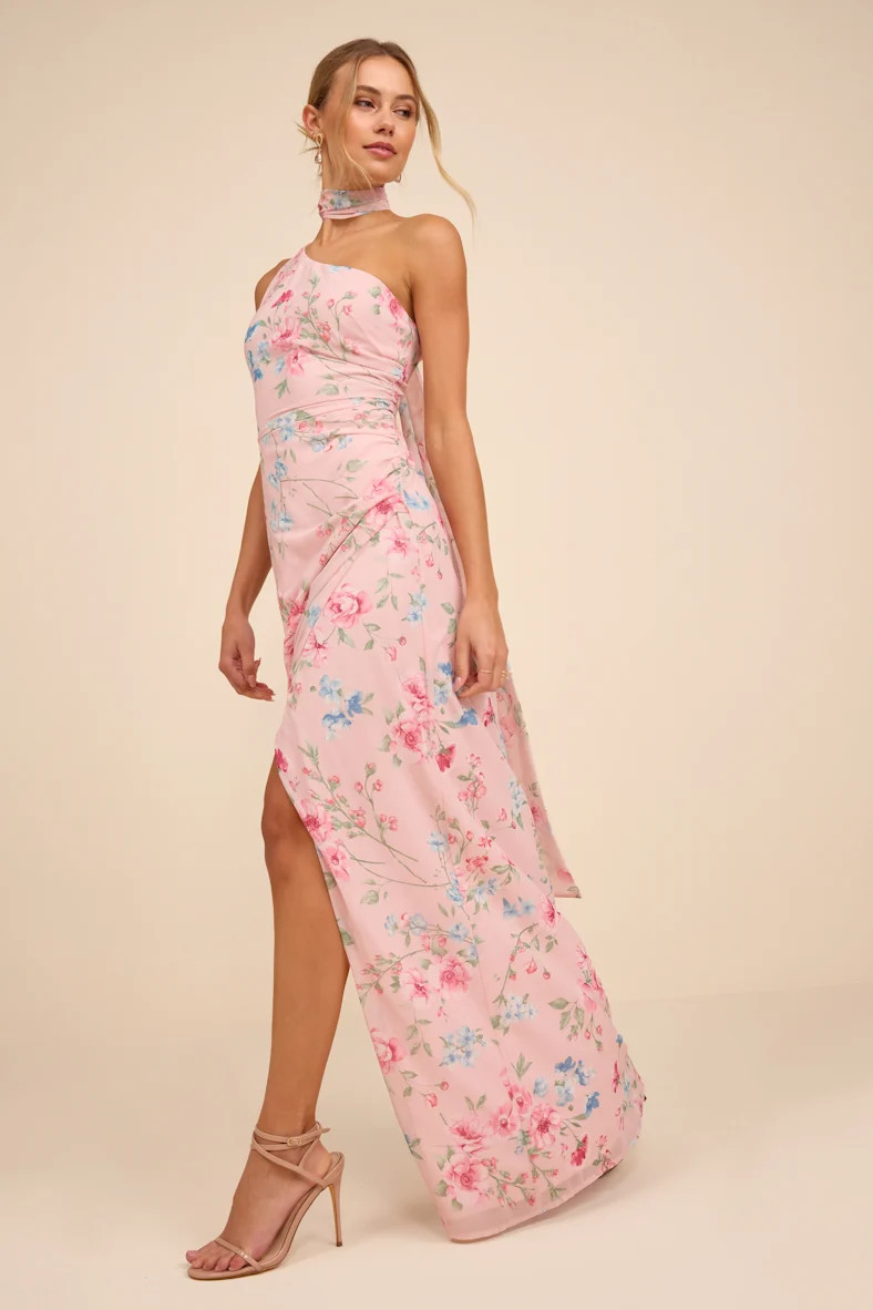 Adeline Light Pink Floral One-Shoulder Scarf Maxi Dress | Lulus