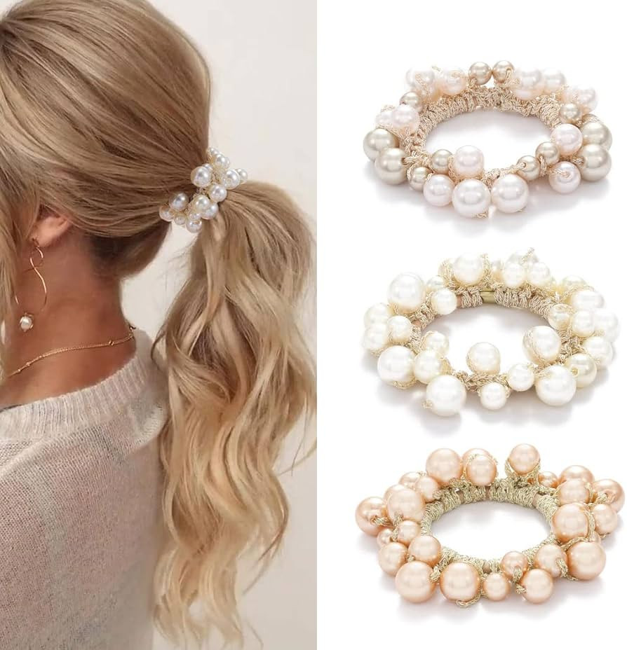 Pearl Hair Scrunchies Rhinestone Hair Ties Elastic Hair Bands Ponytail Holder Hair Ropes Hair Acc... | Amazon (US)