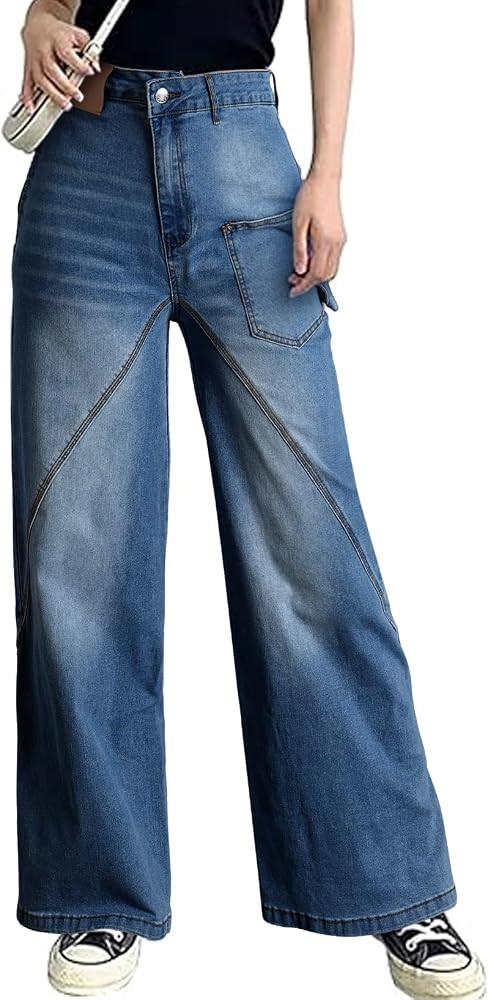 Astylish Cargo Pants Women High Waist Wide Leg Baggy Boyfriend Y2K Denim Jeans | Amazon (US)