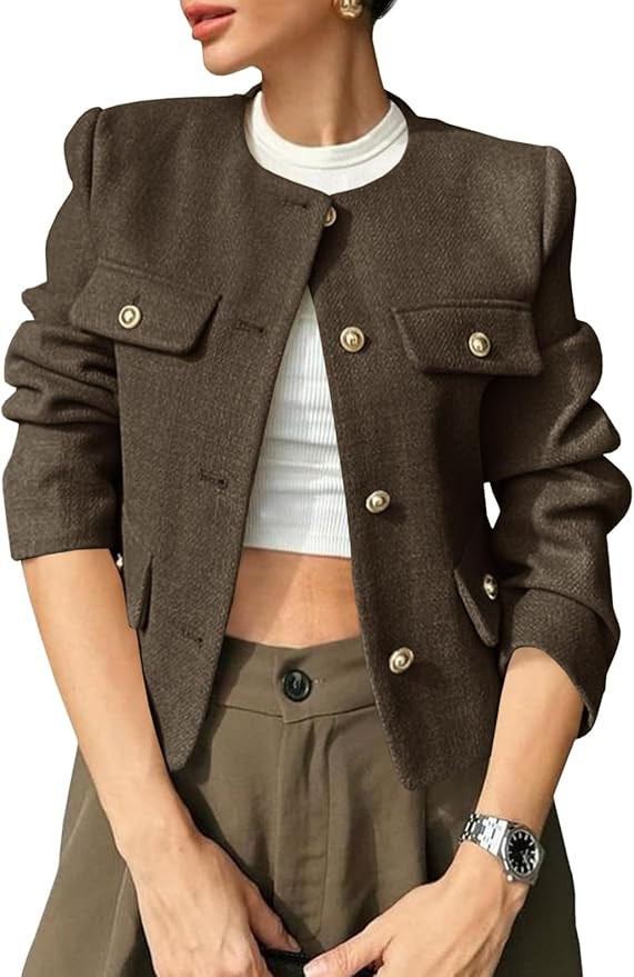 Cicy Bell Womens Cropped Tweed Blazers Jacket Collarless Button Down Coats | Amazon (US)