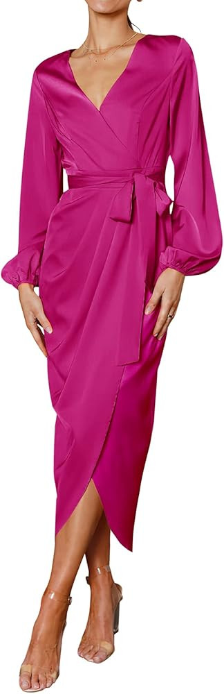 Women's Maxi Satin Puff Sleeve Wrap V Neck Ruched Belted Long Formal Cocktail Dresses | Amazon (US)