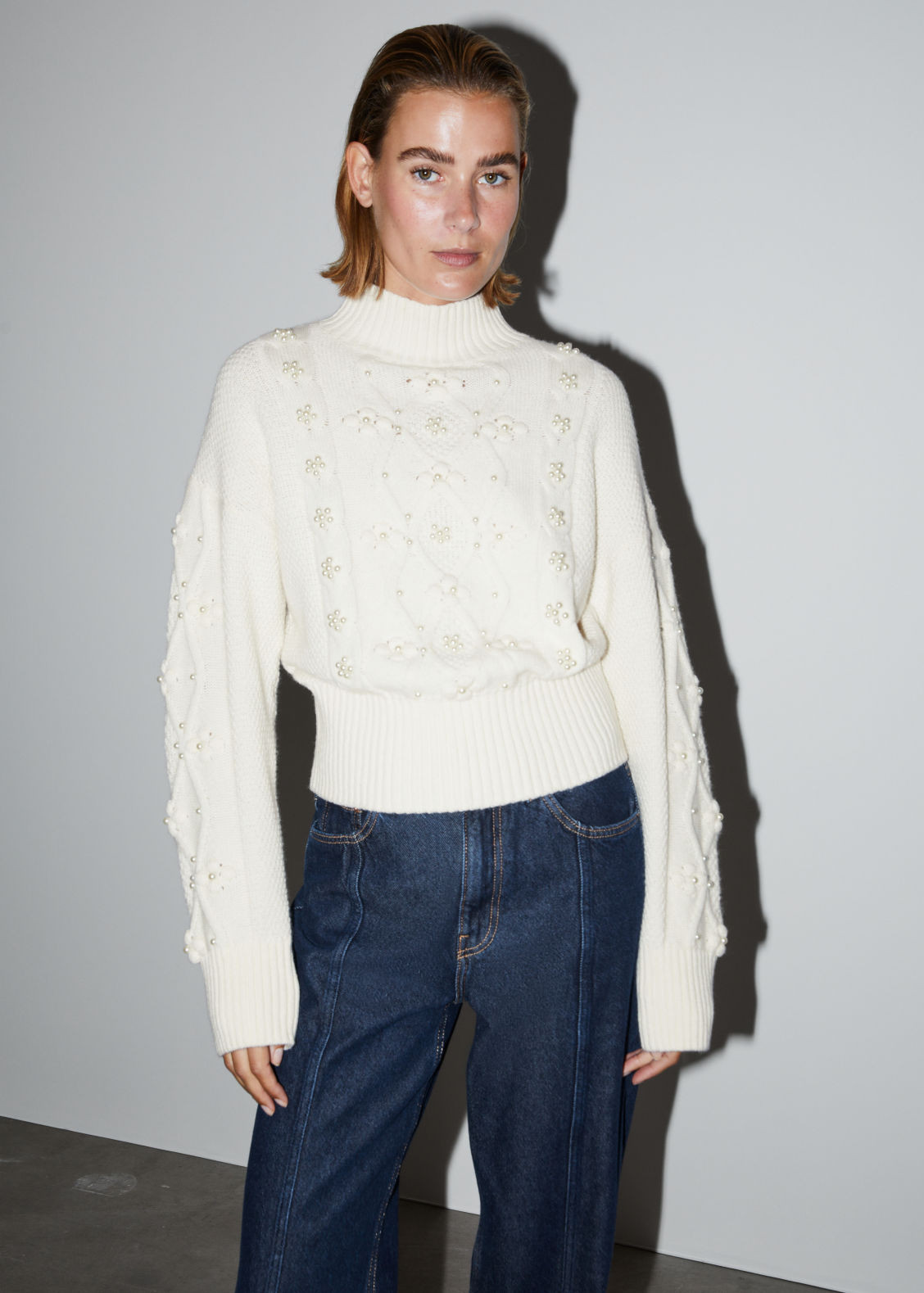 Pearl Bead Cable Knit Sweater - White | & Other Stories US