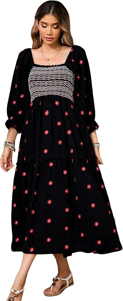 R.Vivimos Women's Long Sleeve Cotton Boho Midi Dress Vintage Square Neck Floral Embroidered Tiere... | Amazon (US)