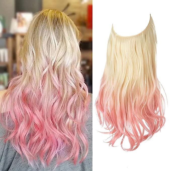 SARLA Ombre Halo Hair Extensions Beach Blonde to Pink Wavy Curly Long Synthetic Hairpiece 18 Inch... | Amazon (US)