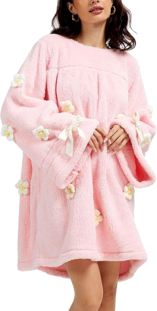 Women's Fuzzy Fluffy Dress Fall Winter Plush 3D Flower Balloon Sleeve Baggy Loose Pullover Mini Robe | Amazon (US)