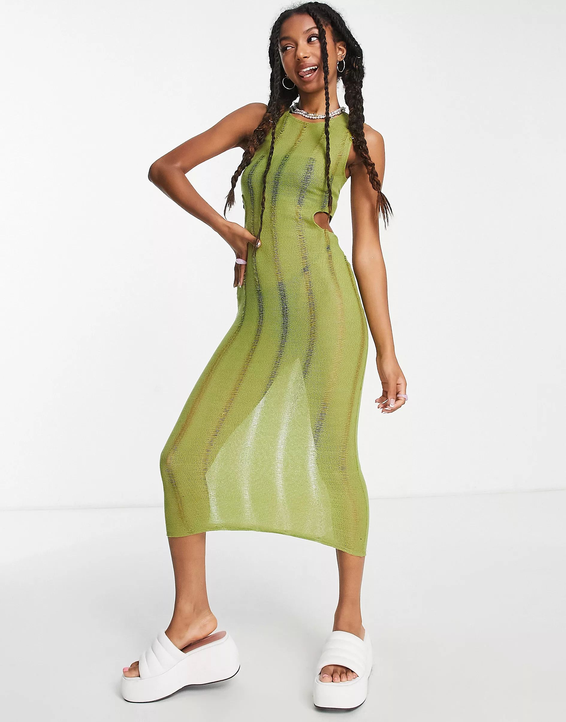 COLLUSION knit cut out tank top midi dress in green | ASOS (Global)