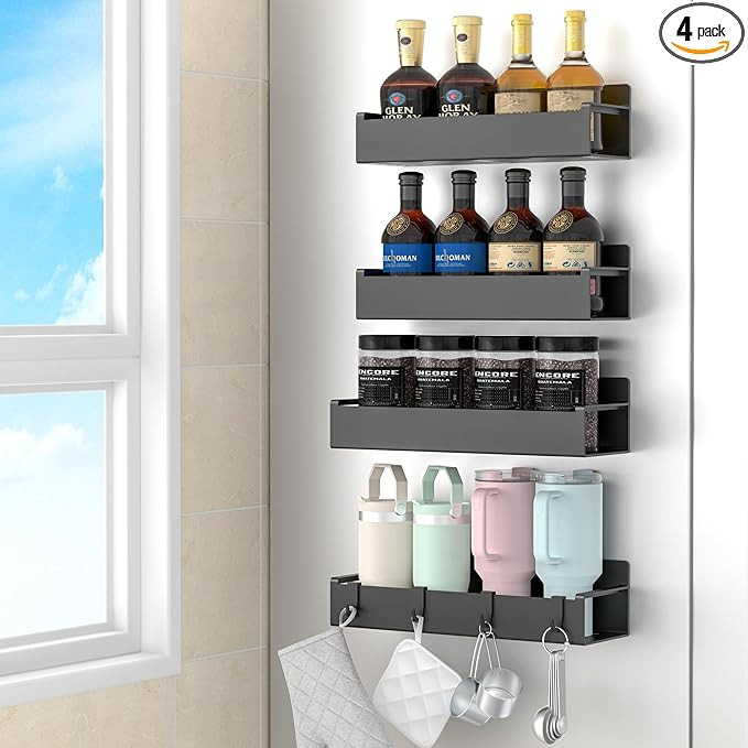 4 Pack Magnetic Spice Rack Organizer for Refrigerator and Oven, Black Fridge Organizers and Stora... | Amazon (US)