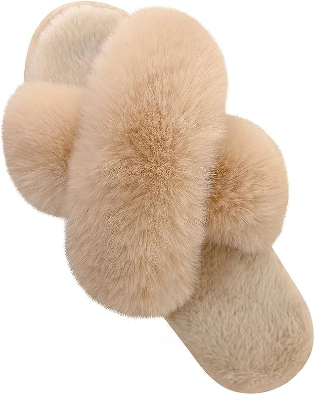 Women's Cross Band Slippers Fuzzy Soft House Slippers Plush Furry Warm Cozy Open Toe Fluffy Home Sho | Amazon (US)