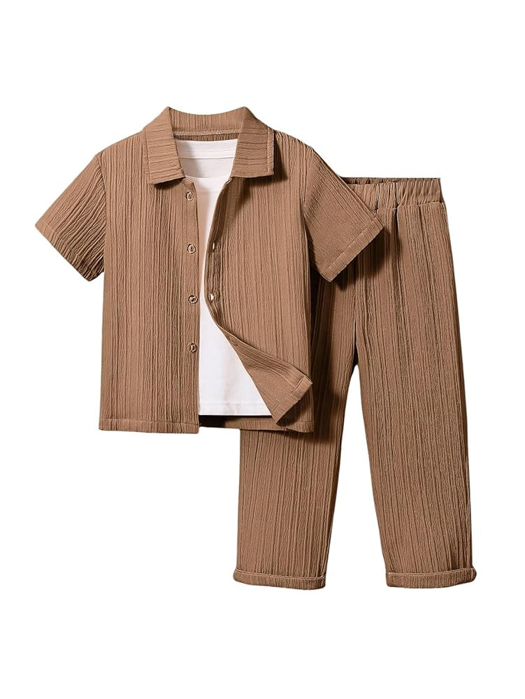 Boy's 2 Piece Outfits Textured Button Down Short Sleeve Collar Shirts Tops and Elastic Waisted Pa... | Amazon (US)