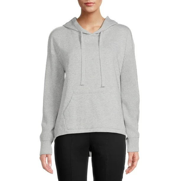 Time and Tru Women's Long Sleeve Mixed Media Pullover Hoodie | Walmart (US)