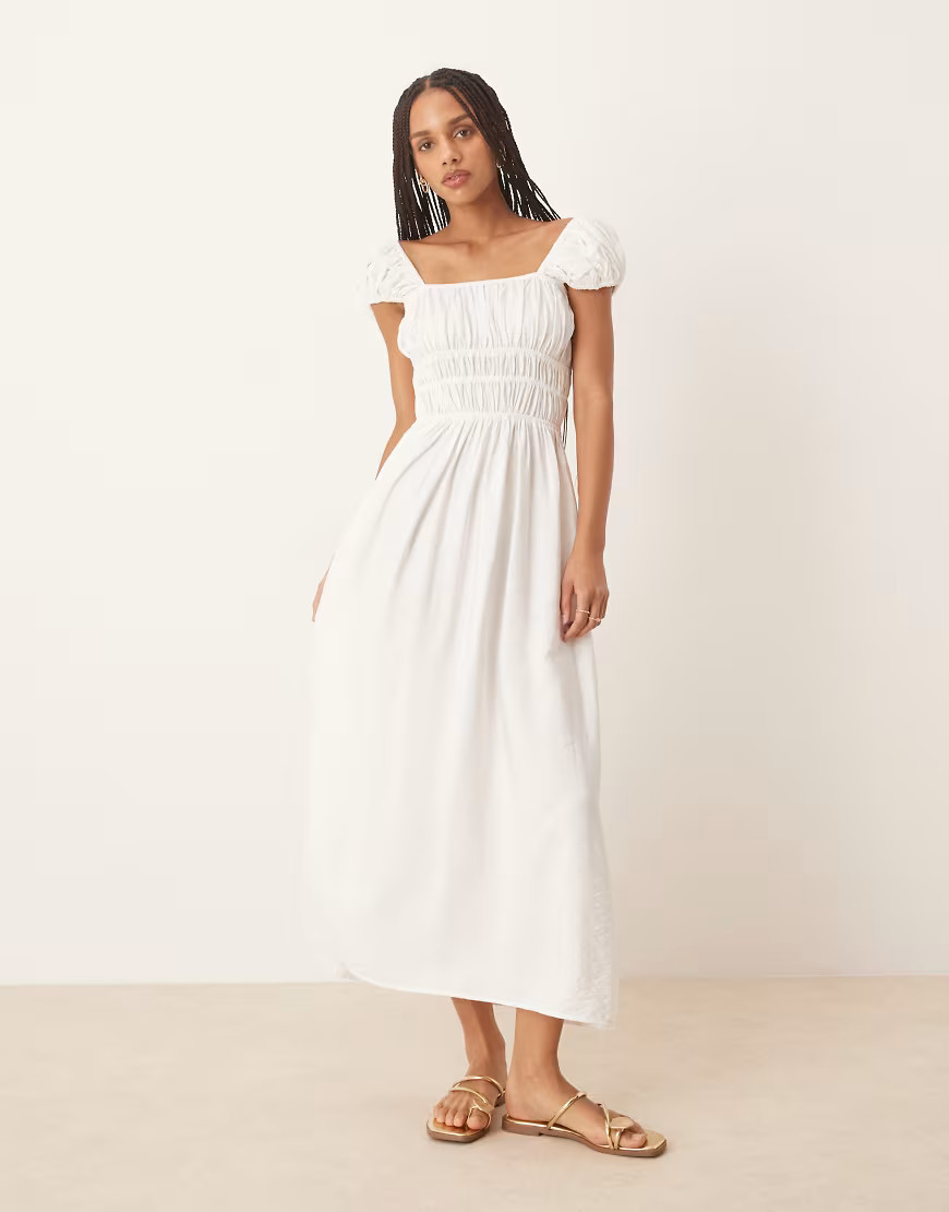 ASOS DESIGN square neck short sleeve midi dress with cinched channel waist in white | ASOS (Global)