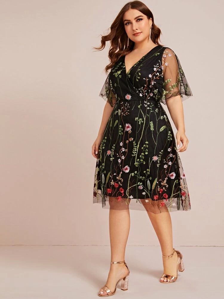Plus Floral Embroidered Mesh A-line Dress | SHEIN
