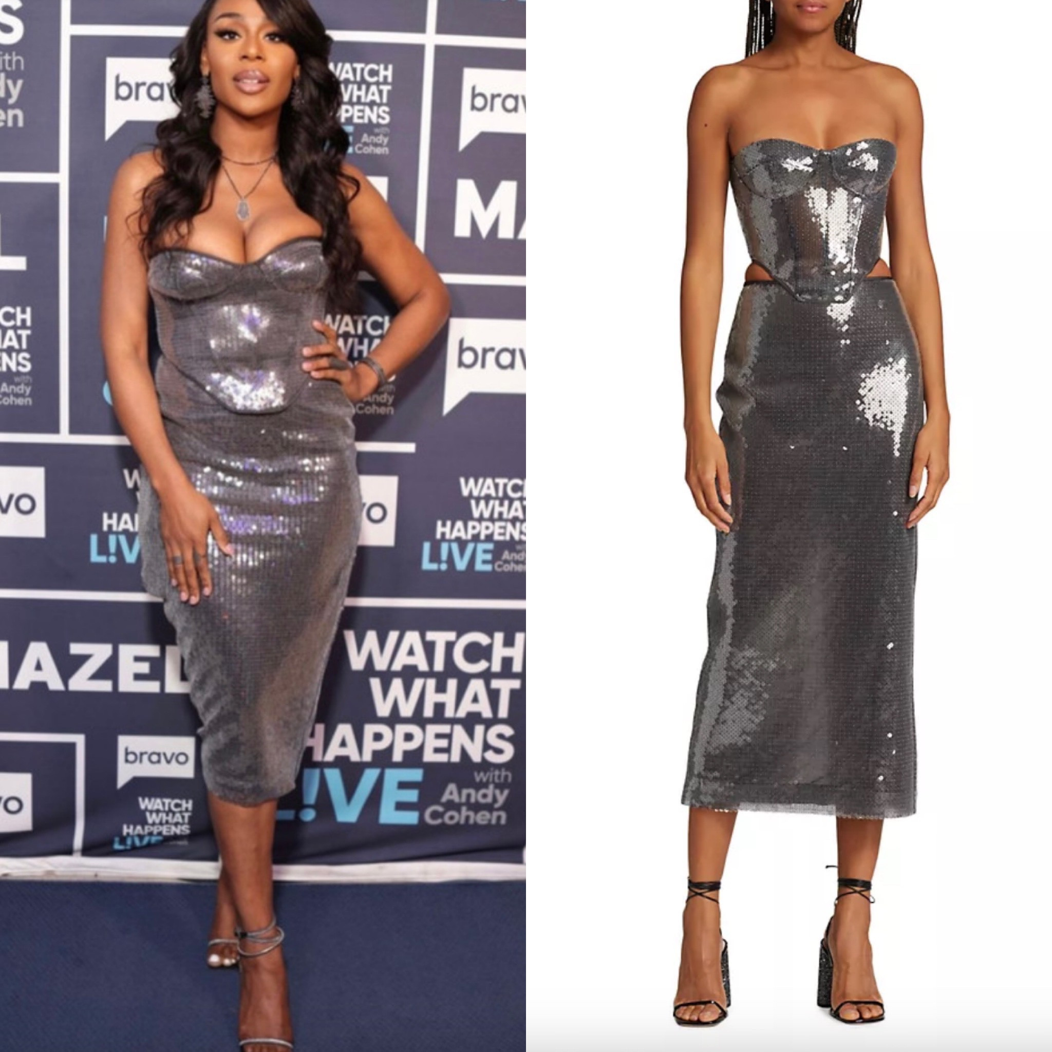 Nneka Ihim’s Grey Sequin Skirt Set on #WWHL 📸= @iamnneka