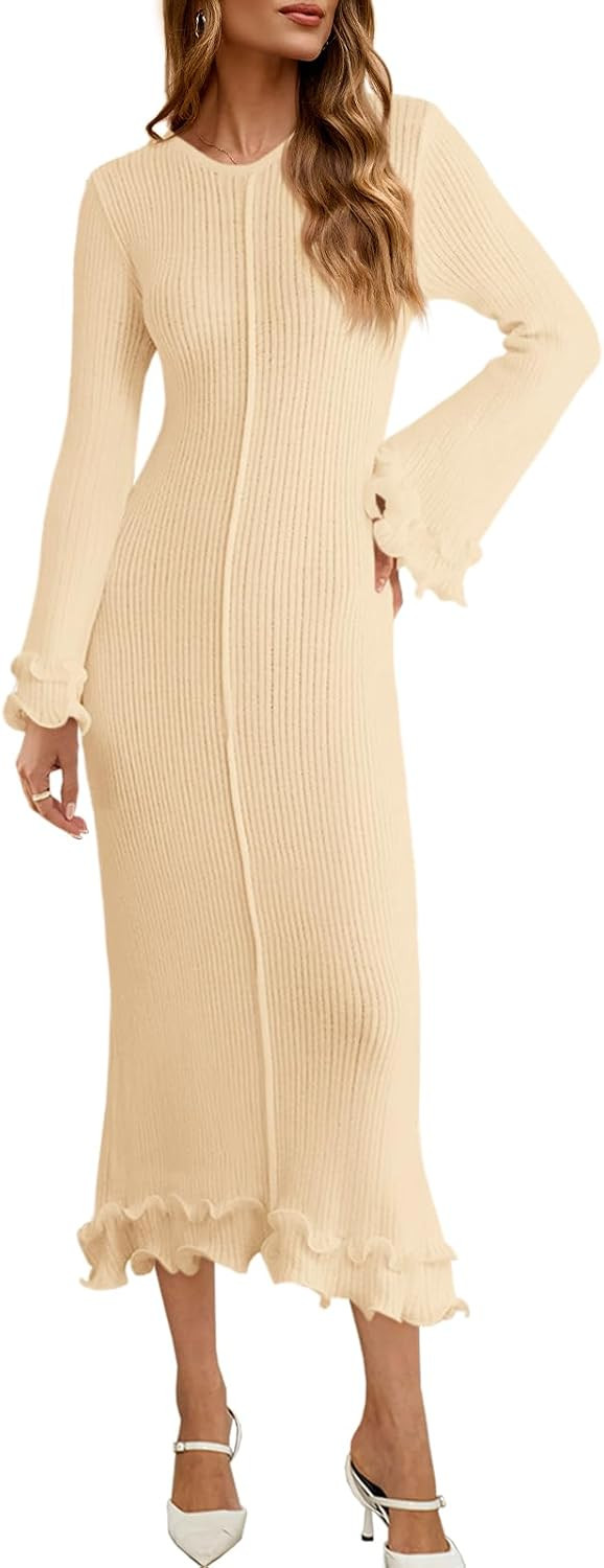 Saodimallsu Womens Bell Long Sleeve Sweater Dresses Ruffle Bodycon Cocktail Party Crewneck Ribbed Knit Fall Midi Dress | Amazon (US)