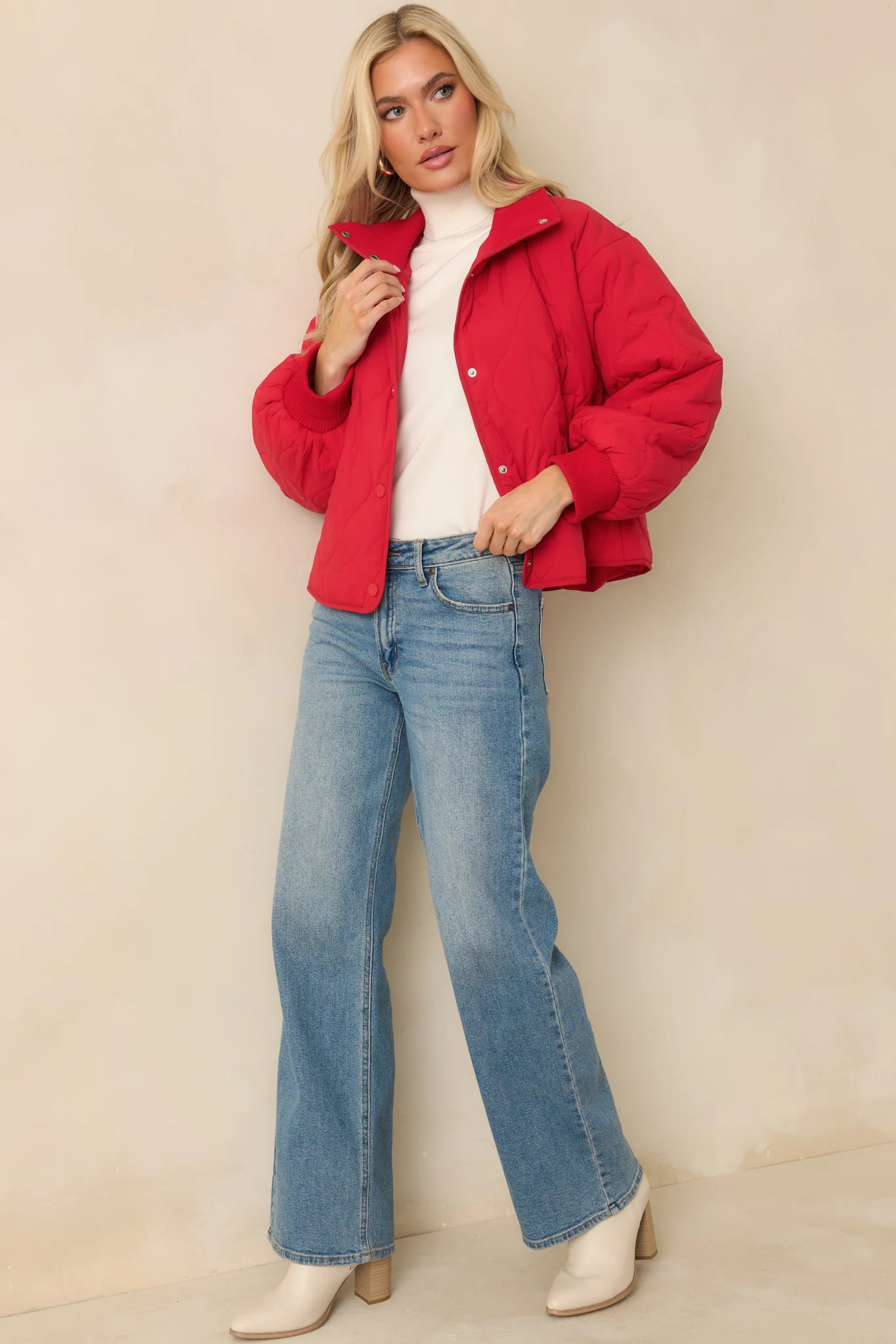 Just Between Us Red Quilted Button-Up Jacket | Red Dress