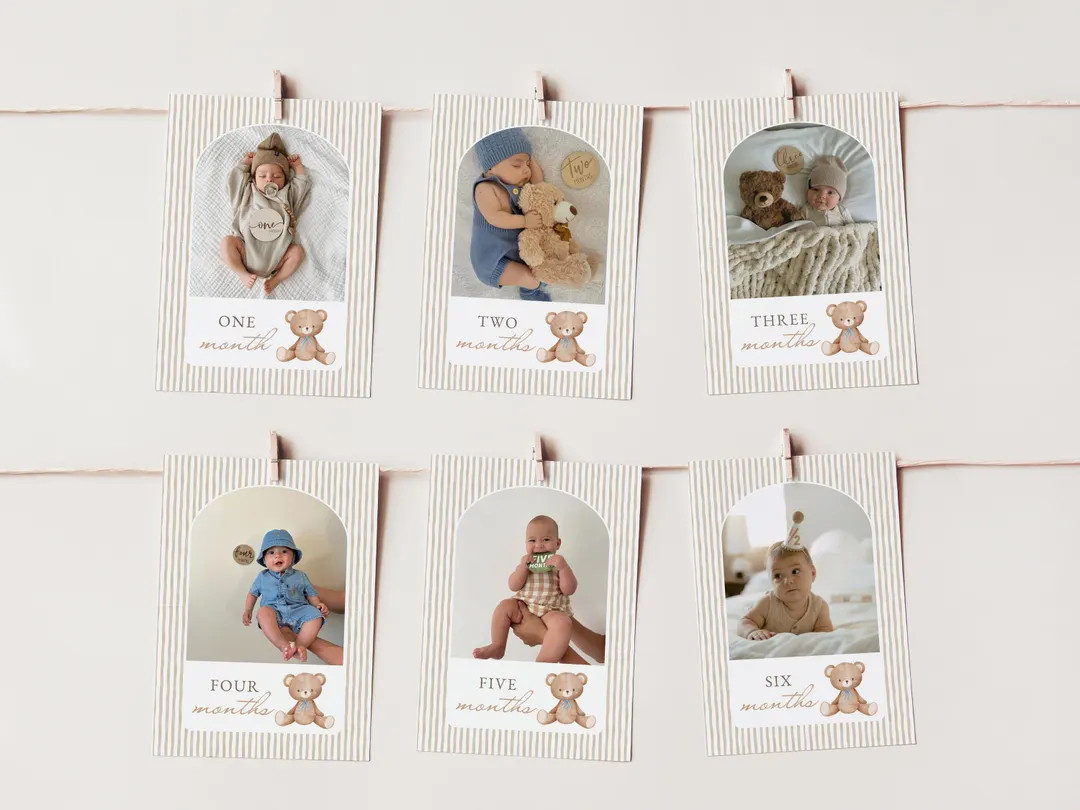 Beary First Birthday 5x7 Photo Banner, Editable First Year Photo Banners, Teddy Bear Vintage 1st ... | Etsy (US)