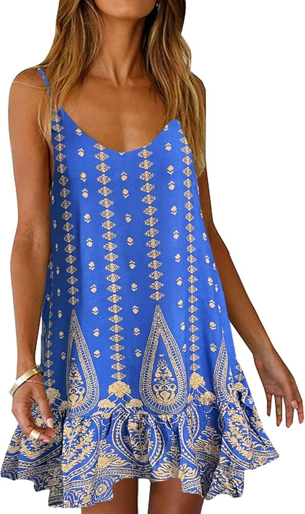 Qearal Womens Sundresses Boho Floral Printed Dress Summer Sleeveless Beach Mini Dress with Pocket... | Amazon (US)