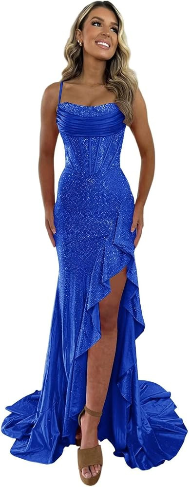 Wchecalino Sparkly Beaded Satin Mermaid Prom Dresses Long 2026 Spaghetti Straps Corset Ruffles Ev... | Amazon (US)