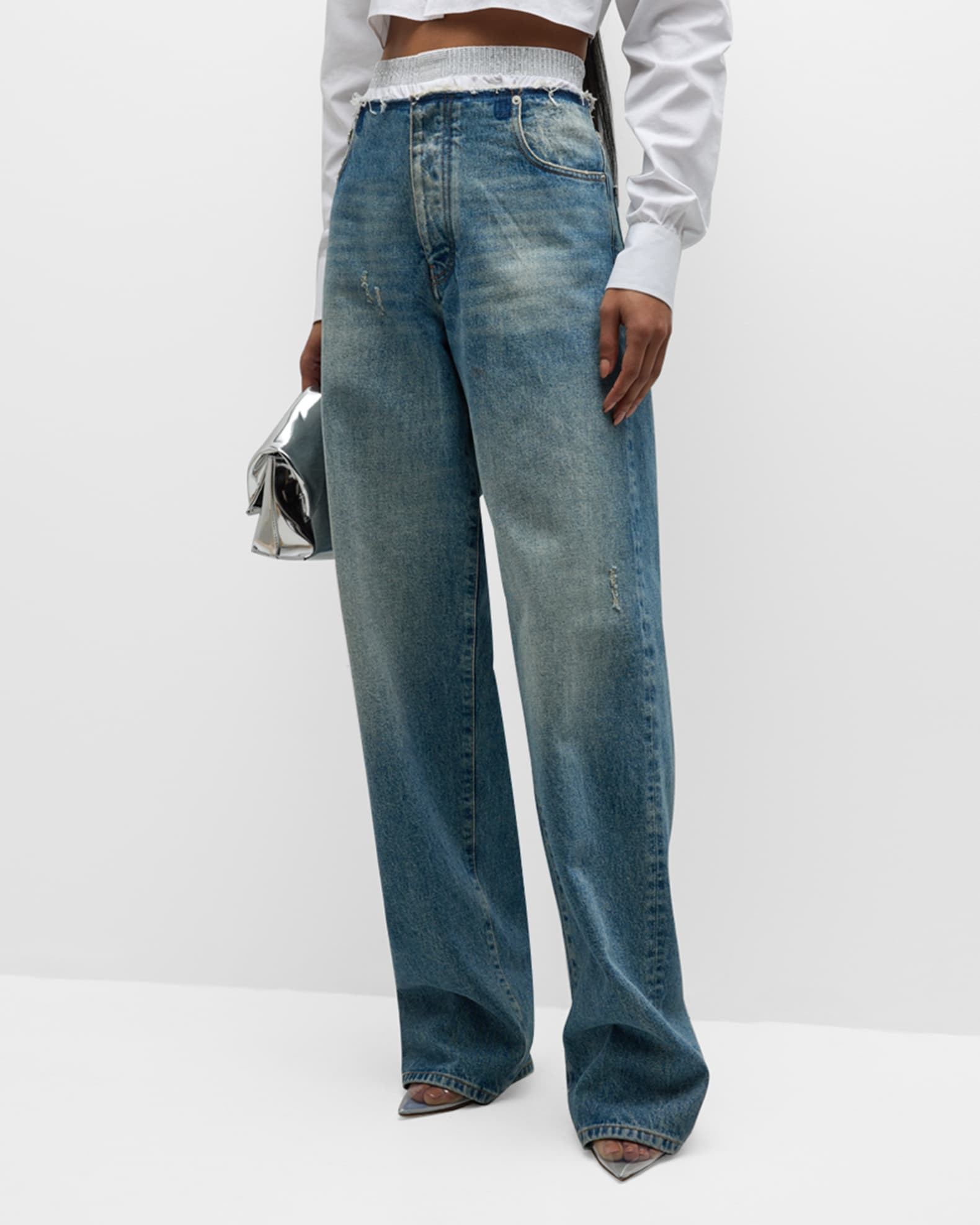 Claire Double-Waistband Boyfriend Jeans | Neiman Marcus