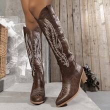 2024 Spring Autumn New Plus Size Women Outdoor Fashionable Knee-High Embroidered Western Cowboy Boots | SHEIN