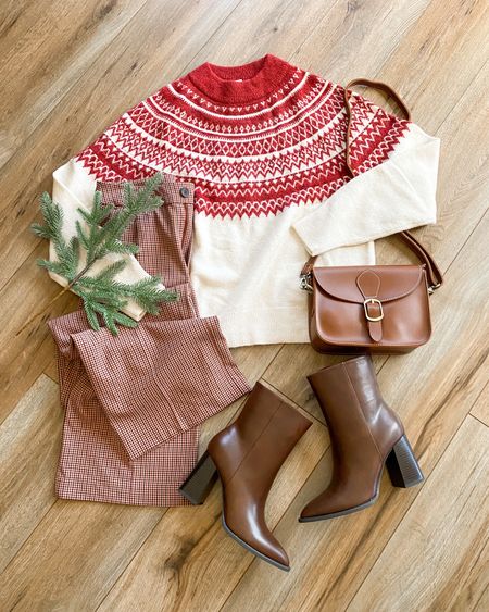 Christmas sweater. Christmas outfit. Work outfit. Plaid work pants. Brown boots. Fair isle sweater. 

#LTKSeasonal #LTKHoliday #LTKGiftGuide