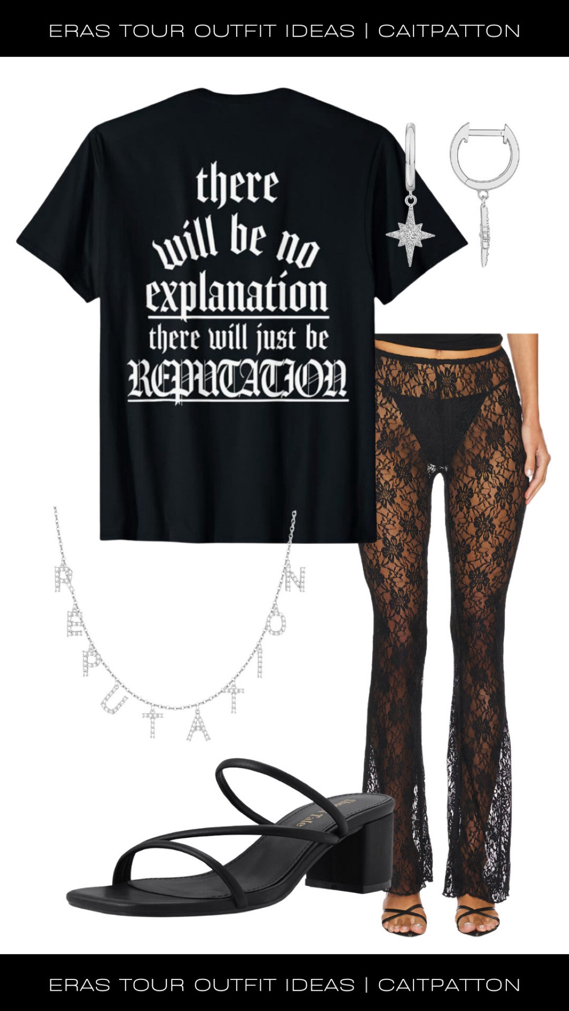 There will be no explanation, there will just be reputation in this outfit! Wear the shirt as a t shirt dress (size up accordingly) with these adorable lace pants. Lace pants, reputation tee, reputation t shirt, reputation necklace, silver earrings, strappy heels, oversized tee, t shirt dress, Reputation outfits, reputation outfit, reputation outfit ideas, reputation outfit inspo, rep outfit, rep inspo, rep outfits, rep eras tour outfit, reputation eras tour outfit, Taylor swift eras tour outfit, Taylor swift outfit, eras tour outfit idea, eras tour outfits, reputation era, reputation Taylor's version 

#LTKFindsUnder50 #LTKShoeCrush #LTKFindsUnder100