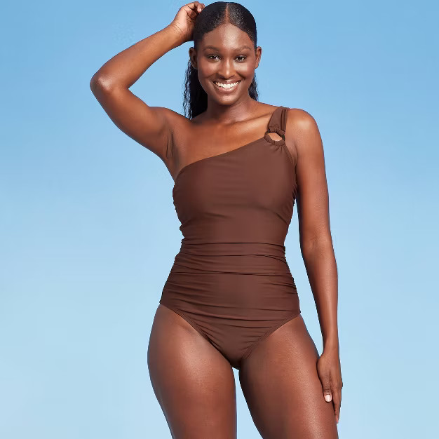 Women's Asymmetrical Ring High Coverage One Piece Swimsuit - Kona Sol™ Brown | Target