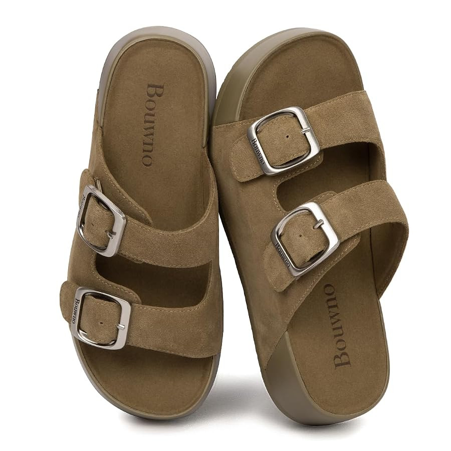 Platform Sandals Women Genuine Leather Slip-on Beach Slide Buckle Comfortable Sandals with Memory... | Amazon (US)