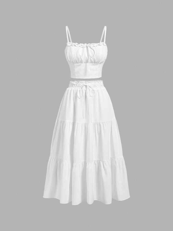 SHEIN MOD Ladies' Vintage Bohemian Long Skirt And Romantic Beach Skirt White Two-Piece Set | SHEIN