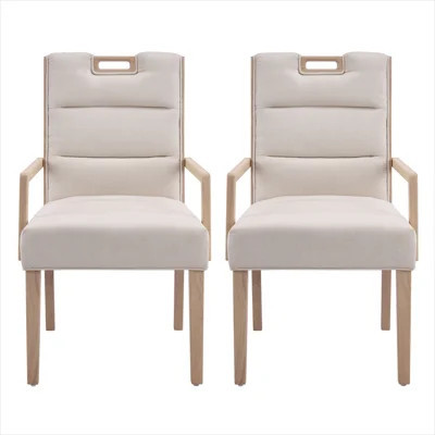 Neutral beige fabric armchairs set of 2 for dining rooms, Scandinavian style natural rubber wood frame | Wayfair North America