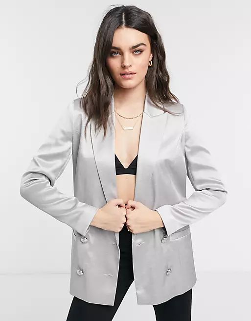 River Island satin double breasted blazer in silver | ASOS (Global)