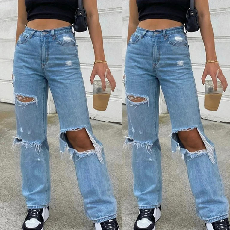 haxmnou women loose ripped boyfriends jeans high waist baggy denim pants distressed wide leg jean... | Walmart (US)
