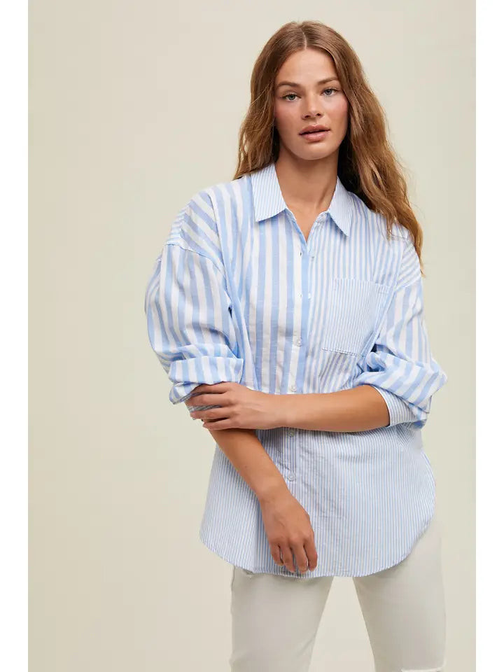 MULTI-STRIPED BUTTON UP SHIRT - BLUE/WHITE L | Simply Carolina