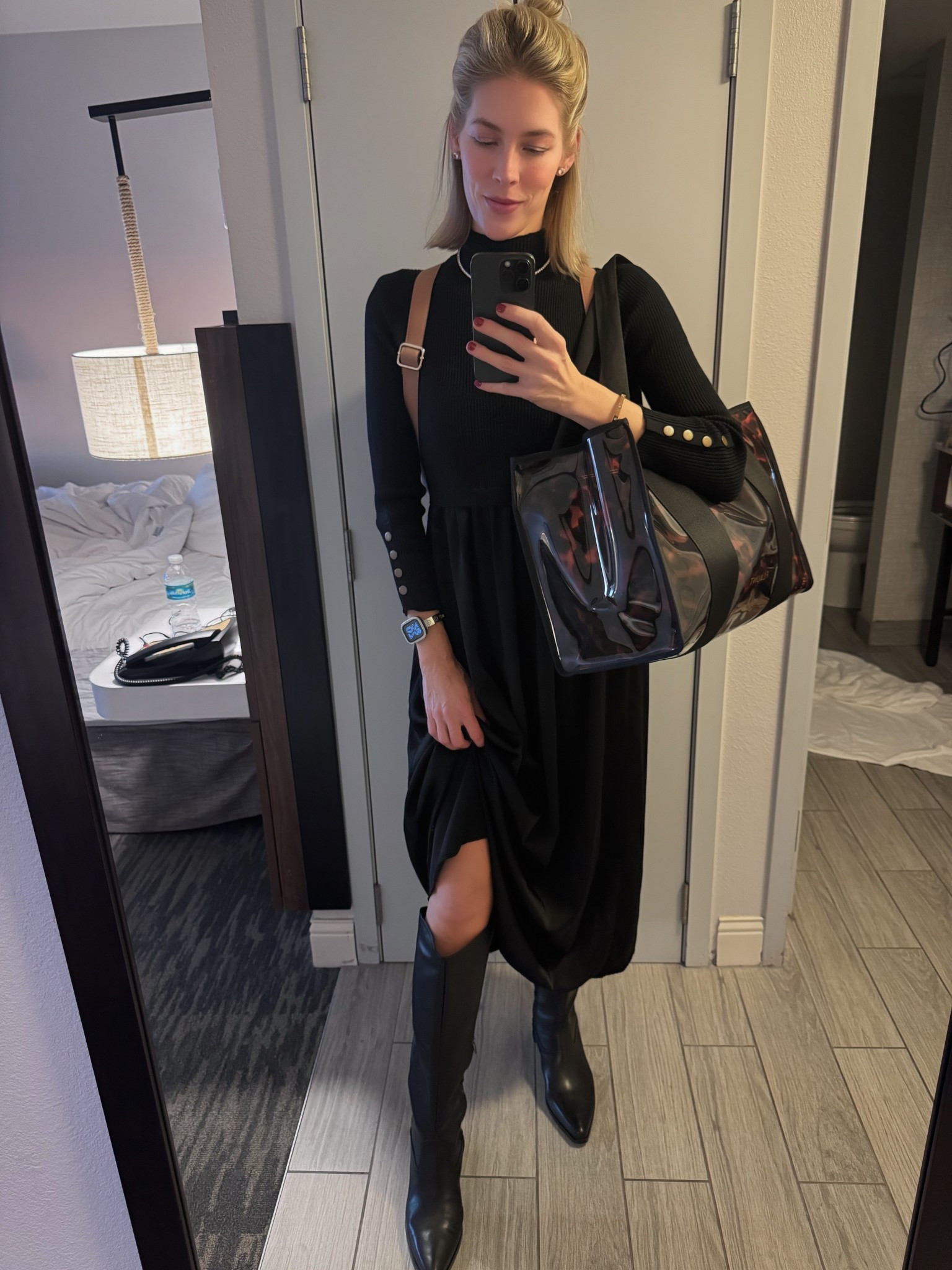 Workwear with new bags and boots. All new in 2026. Dress is Anthro inspired from Amazon. Wearing size small. I am 6 ft tall and 145 lbs size 36A bra. Best backpack ever from CALPAK. This is my second one. New tote bag from Flaunt. Necklace from Bauble Bar. Boots are size 12 from Dolce Vita. Necklace and boots from Nordstrom  

#LTKFindsUnder100 #LTKWorkwear #LTKTravel