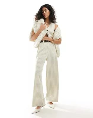 ASOS DESIGN tailored cropped trousers with belt in cream stripe | ASOS (Global)