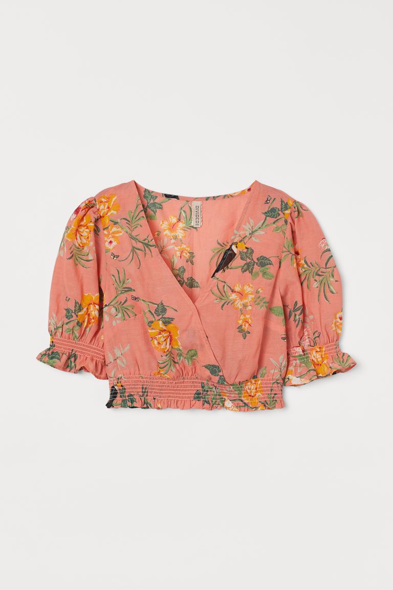 H & M - Cropped Puff-sleeved Blouse - Orange | H&M (US + CA)