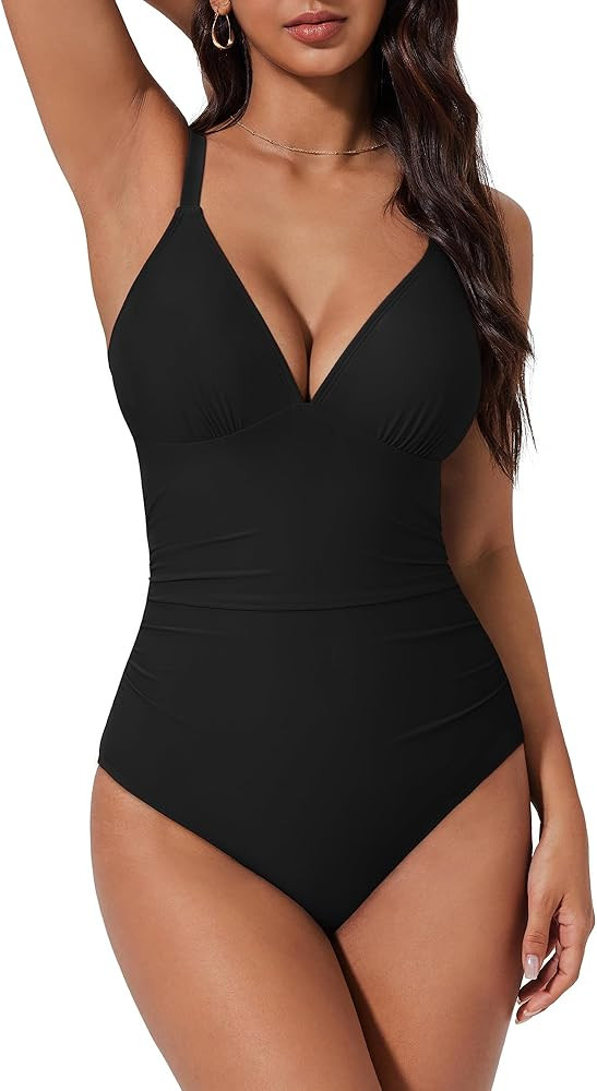 SUUKSESS Women Tummy Control One Piece Swimsuit Sexy V Neck Push Up Bathing Suit | Amazon (US)