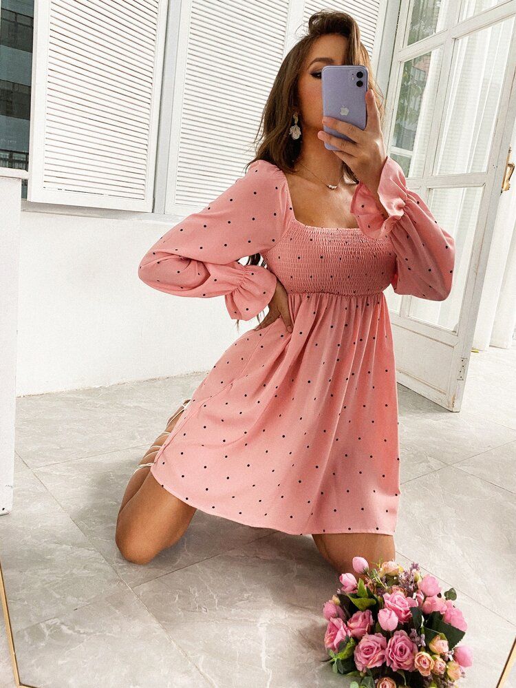 Polka Dot Print Flounce Sleeve Shirred Dress | SHEIN