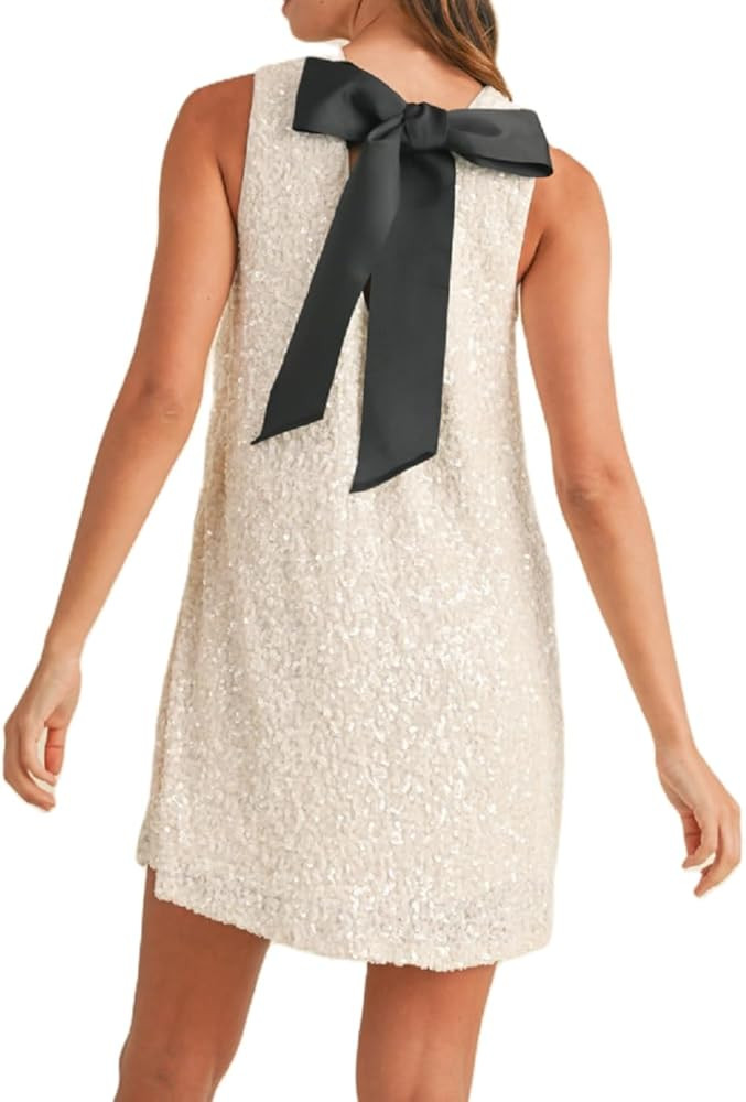 Women Ribbon Sequin Dress Sleeveless Bodycon Mini Dress with Black Bow Sparkly Party Night Out Sh... | Amazon (US)