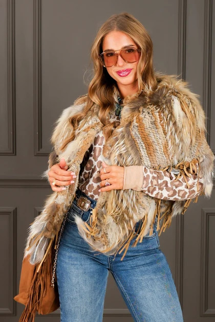 Rex Fox & Rabbit Fur Open Front Tan Poncho | The Willow Tree