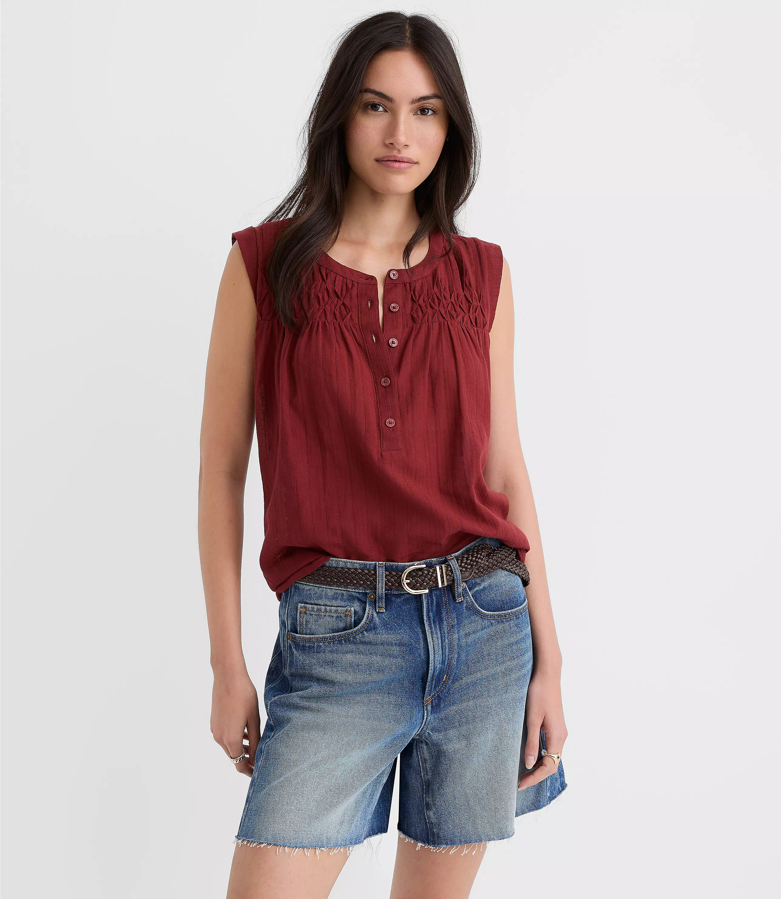 Pleated Yoke Mixed Media Shell | LOFT